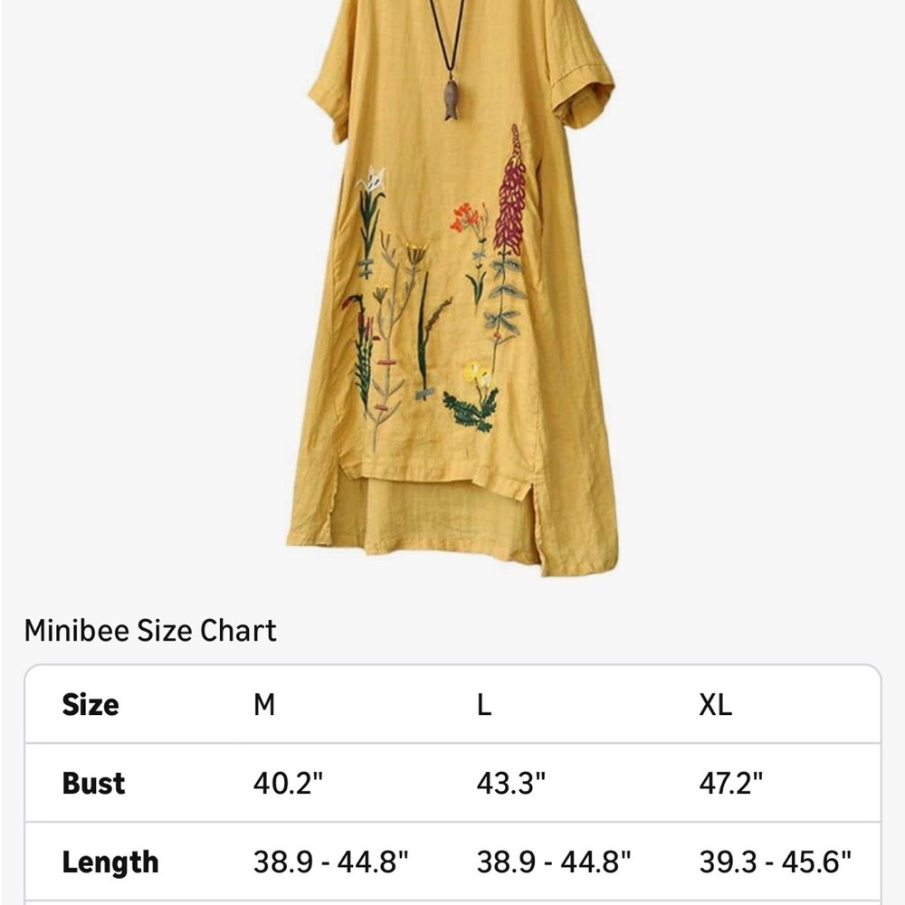 Women’s Minibee Mustard Yellow Linen Floral Embroidered Dress/Tunic - Picture 8 of 8